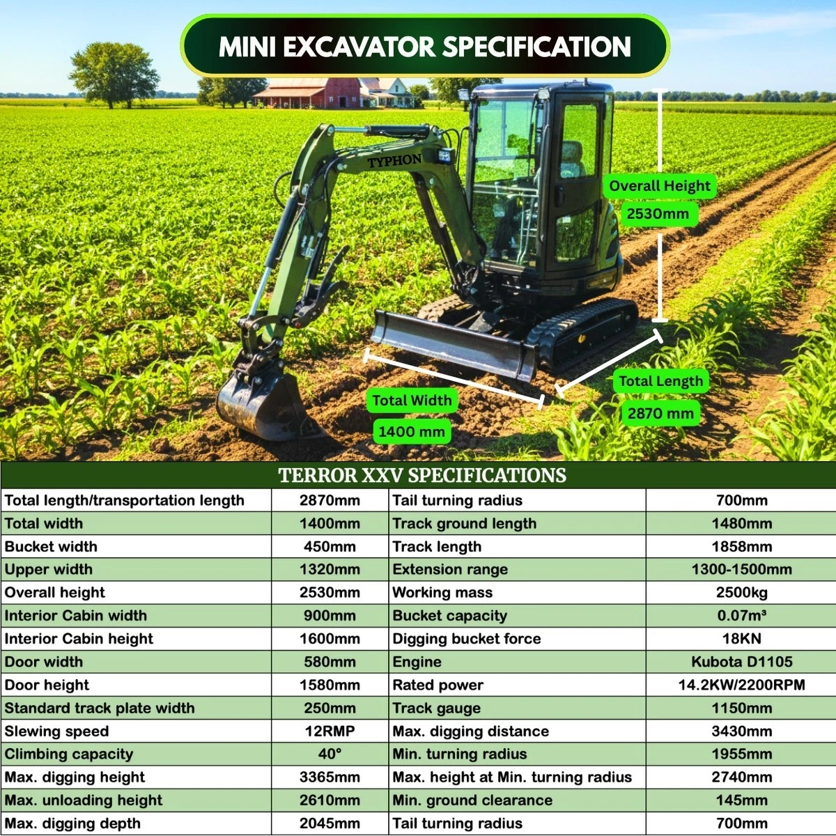TERROR XXV Diesel Mini Excavator 2.7 Ton, 25.1hp Kubota D1105 Retractable Tracks
