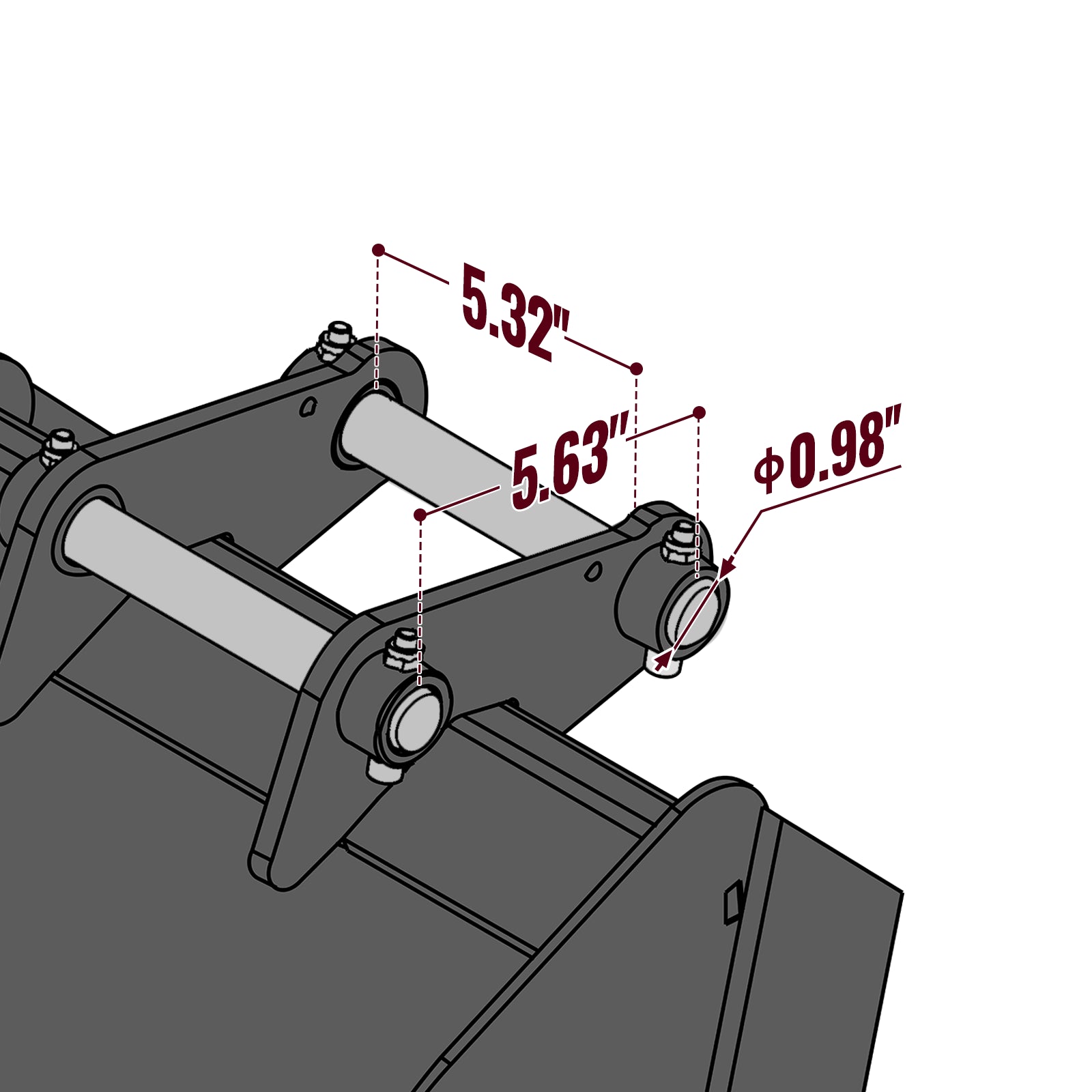 Trapezoidal V-Ditching Bucket without Pins, 2-Carbon Steel Teeth (for SKU: 150162, 150163, 150164, 201162, 201163, 201164)